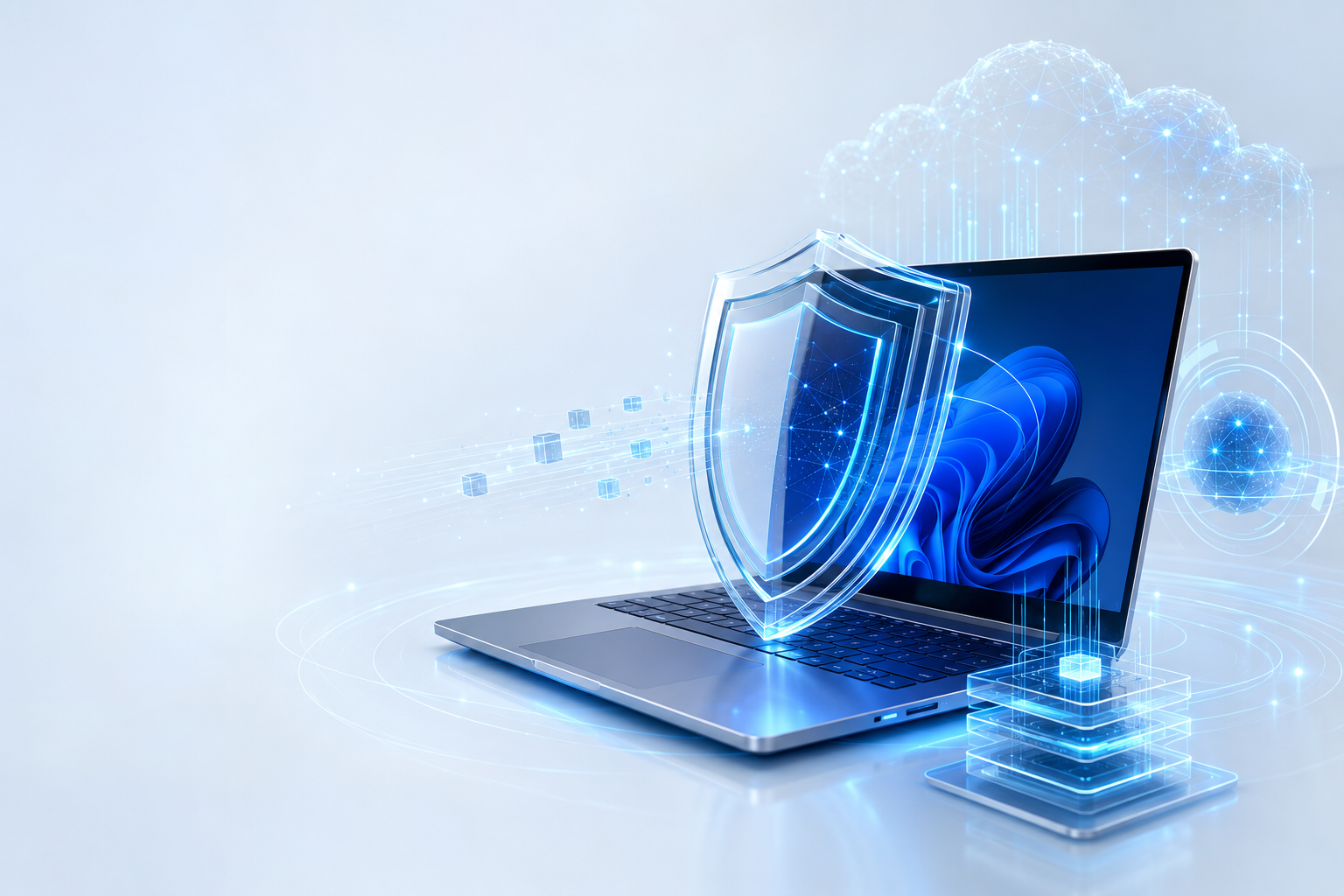 Windows 11 Professional laptop protected by layered encryption and security shields
