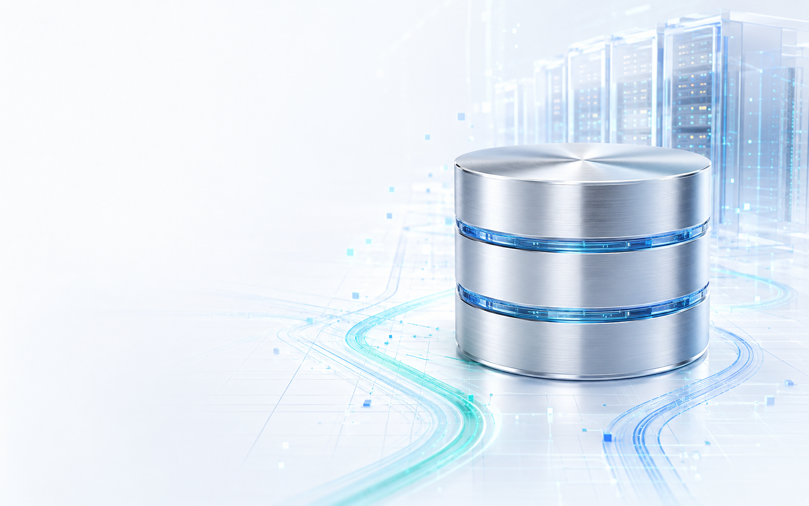 Enterprise database infrastructure with blue and teal data pathways