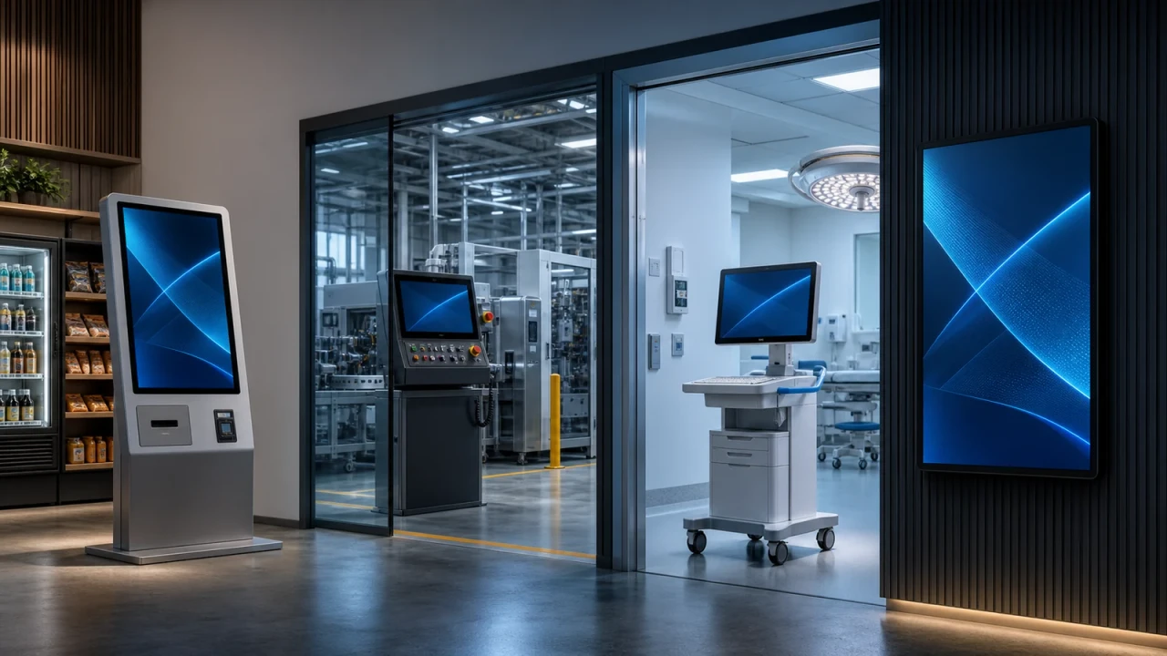 Fixed-function retail kiosk, industrial control terminal, clinical workstation and digital-signage display in a professional operations environment