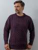 Men's Cable Knit Crew Neck Aran Wool Sweater - Grape