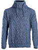 Mens Drawcord Collar Aran Sweater - Denim Marl