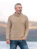 Mens Drawcord Collar Aran Sweater - Wicker