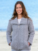 Double Collar Zip Merino Aran Cardigan - Soft Grey