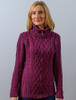 Cable Aran Cardigan with Zipper - Very Berry