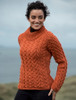 Women's Aran Cable Crew Neck Sweater - Autumn Leaf