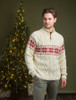 Winter Fair Isle Zip-Neck Aran Sweater - Natural White/Cherry