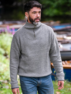 Mens Half Zip Irish Wool Sweater - Grey Smoke