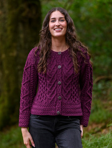 Aran Cable Knit Cardigan - Very Berry