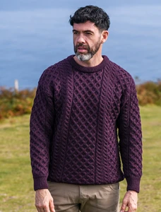 Mens Dún Aonghasa Heavyweight Aran Wool Sweater - Damson