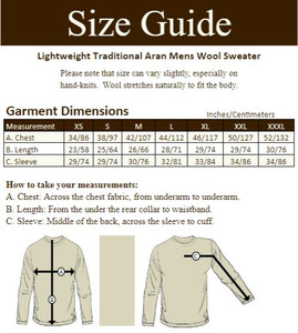 Men's Cable Knit Crew Neck Aran Wool Sweater - Size Guide