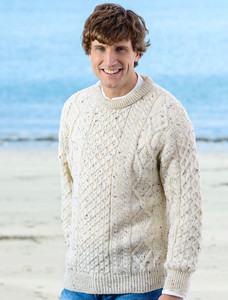 Men's Cable Knit Crew Neck Aran Wool Sweater - White Fleck