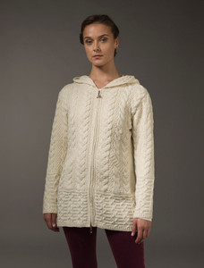 Hooded Coatigan with Celtic Knot Zipper Pull - Natural White