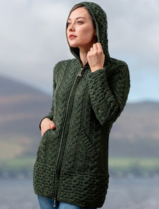Hooded Coatigan with Celtic Knot Zipper Pull - Army Green