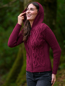 Women's Merino Wool Cable Knit Hoodie - Wine