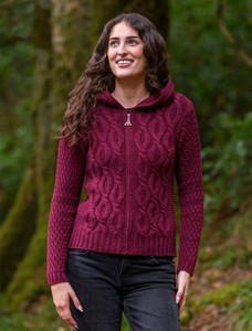Women's Merino Wool Cable Knit Hoodie - Wine