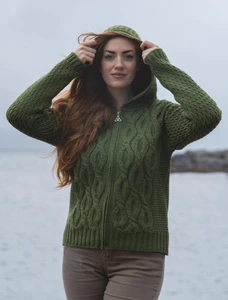 Women's Merino Wool Cable Knit Hoodie - Green