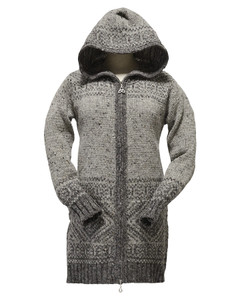 Women's Fair Isle Long Hooded Coatigan with Celtic Knot Zipper Pull - Grey