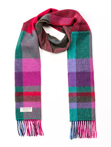 Narrow Lambswool Plaid Scarf - Green Fuschia