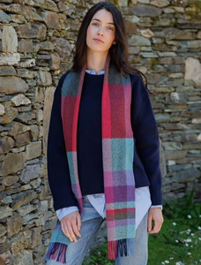 Narrow Lambswool Plaid Scarf - Green Fuschia