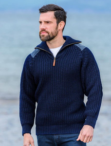 Fisherman's Half Zip Sweater with Patches - Navy