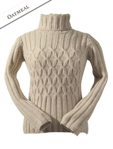 Wool Cashmere Polo Neck Sweater with Criss Cross Pattern - Oatmeal
