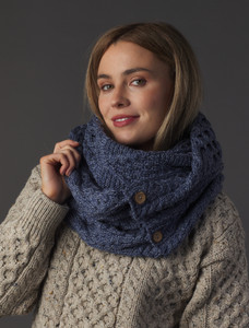 Aran Snood Scarf with Buttons - Denim Marl