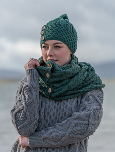 Aran Snood Scarf with Buttons - Connemara Green
