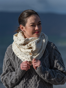 Aran Snood Scarf with Buttons - White