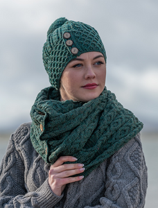 Aran Snood Scarf with Buttons - Connemara Green