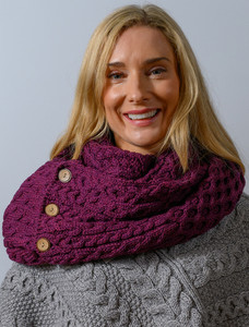Aran Snood Scarf with Buttons - Very Berry