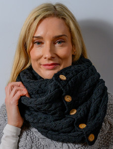 Aran Snood Scarf with Buttons - Black