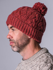 Aran Fleece Lined Rib Cap with Bobble - Burgundy