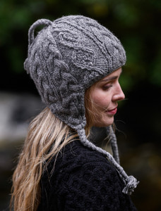 Aran Cable Fleece Lined Hat with Ear Flaps - Light  Grey