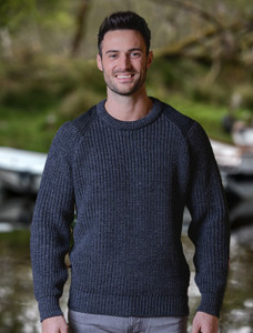 Irish Fishermans Ribbed Sweater with Patches - Charcoal
