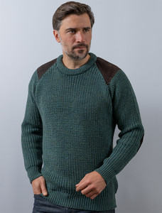 Irish Fishermans Ribbed Sweater with Patches - Moss Green