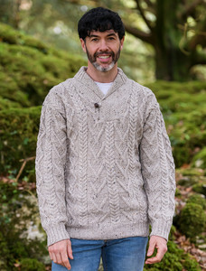 Shawl Collar Sweater - One Button Fisherman Sweater - Oatmeal