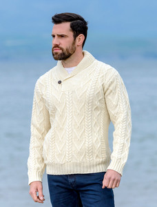 Shawl Collar Sweater - One Button Fisherman Sweater - Natural White