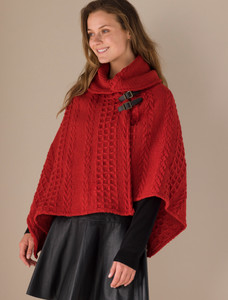 Shawl Collar Poncho with Leather Buckle Detail - Red