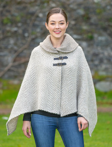 Shawl Collar Poncho with Leather Buckle Detail - Beige & Cream