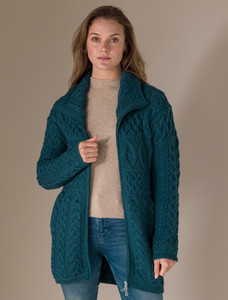 Double Collar Merino Aran Coat - Bermuda