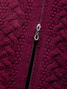 Double Collar Merino Aran Coat - Detail - Wine