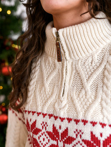 Women's Winter Fair Isle Zip-Neck Aran - Natural/Cherry