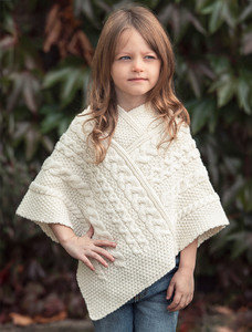 Kids Cable Knit Aran Poncho - White