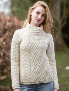 Cable Knit Jacket with Celtic Knot Side Zip - Natural White