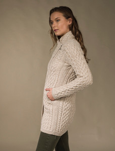 Cable Knit Coatigan with Celtic Knot Side Zip - Parsnip