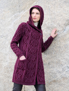 Plaited One Button Coat with Hood - Wine