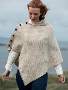 Herringbone Merino Poncho with Button Detail - Wicker/White
