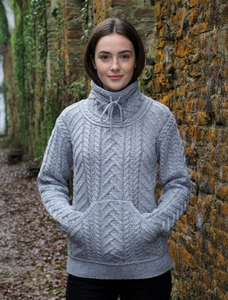 Super Soft Aran Cowl Neck Sweater - Soft Grey