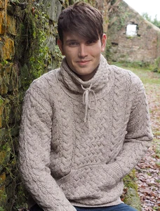 Men's Cowl Neck Aran Sweater - Oatmeal