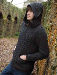 Hooded Merino Aran Jacket - Charcoal